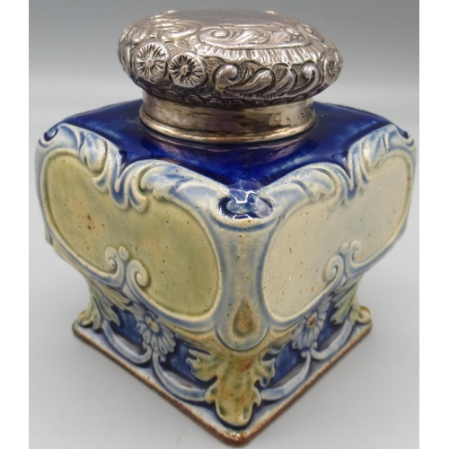 1249 - Doulton Lambeth silver mounted stoneware tea caddy, by John Broad and assisted by Emma A Burrows 189... 