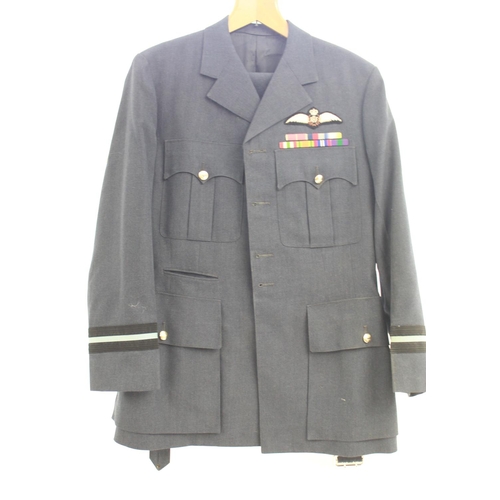 1132 - Senior R.A.F. Officers uniform with trousers and mess cap. With R.A.F wings and two rows of medal ri... 