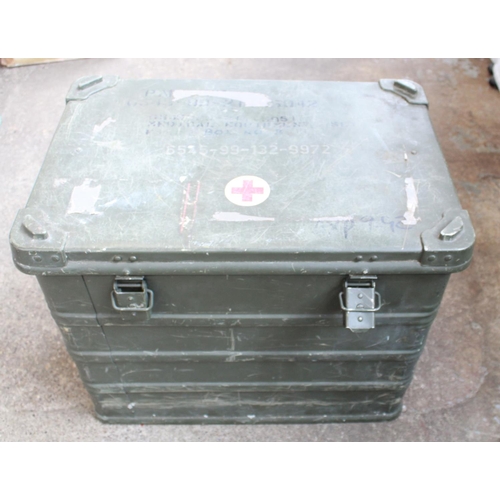 1135 - British Military metal  medical transport case with carrying handles. 50cmx58cmx40cm