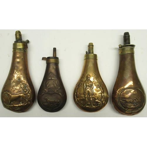 1104 - Four 19th century copper and brass embossed powder flasks, decorated with gun dogs and game, 21cm