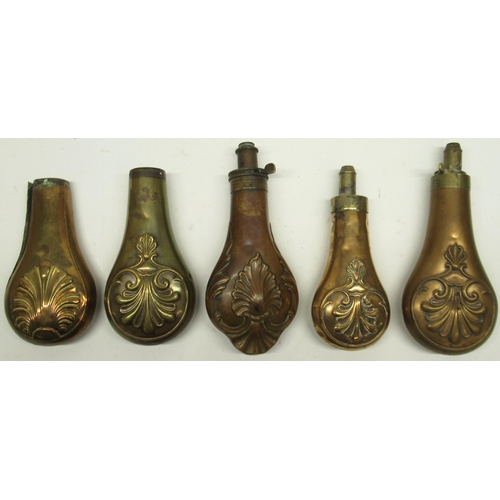 1108 - G. & J.W. Hawksley 19th century copper and brass embossed powder flask, decorated with shell motif, ... 