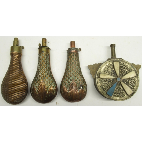 1110 - Two James Dixon & sons Sheffield 19th century copper and brass embossed powder flasks, decorated wit... 