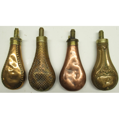 1115 - Dixon & Sons Patent 19th century copper and brass powder flask, 19.5cm; two Dixon & Sons embossed co... 