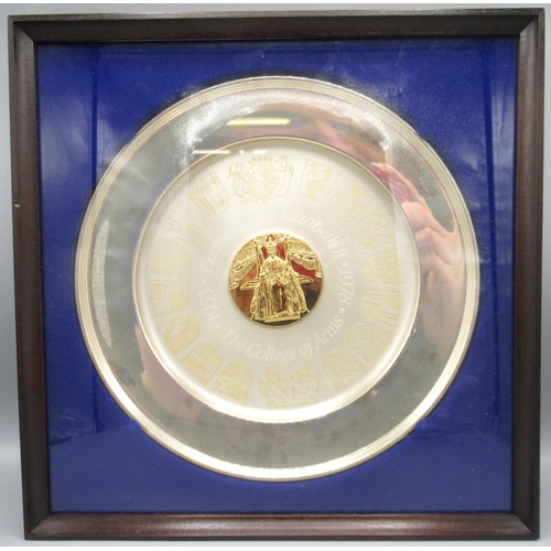 1267 - Silver commemorative plate, College of arms, coronation of Elizabeth II, 1978, mounted and framed, 1... 