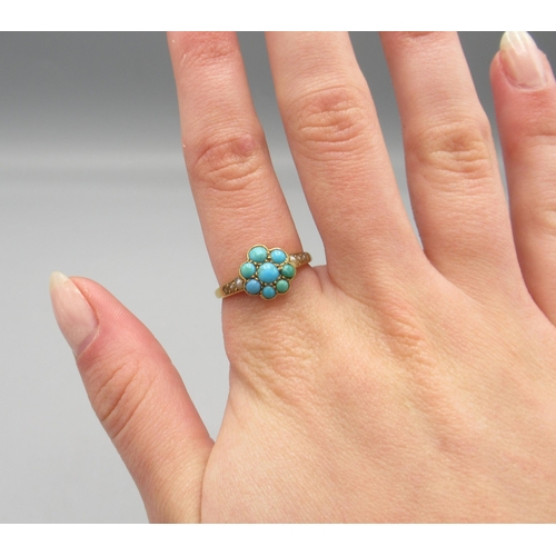 1021 - Victorian yellow metal cluster ring with turquoise and seed pearls, unmarked, size N1/2, 2.6g