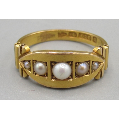 1022 - Victorian 15ct yellow gold ring set with seed pearls, stamped 15, size M, 3.1g