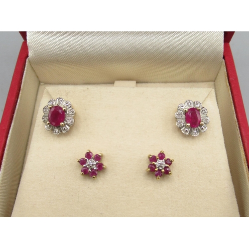 1025 - Two pairs of 9ct yellow gold ruby and diamond stud earrings, stamped 375, 2.8g