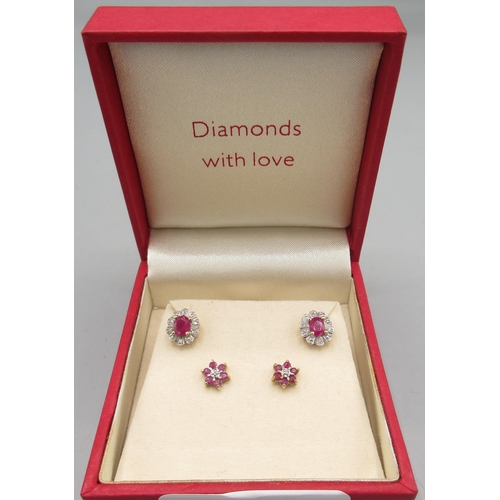 1025 - Two pairs of 9ct yellow gold ruby and diamond stud earrings, stamped 375, 2.8g