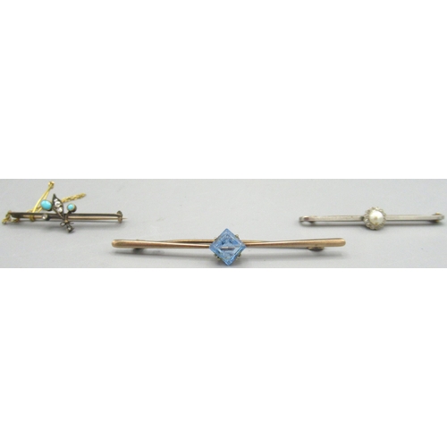 1032 - Yellow metal brooch set with turquoise and diamond, another similar brooch set with blue stone, and ... 