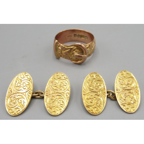 1033 - Pair of 9ct yellow gold cufflinks with engraved foliage detail, and a Victorian 9ct rose gold ring i... 