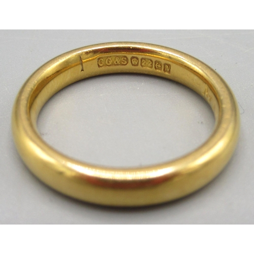 1036 - 22ct yellow gold wedding band, stamped 22, 5.0g