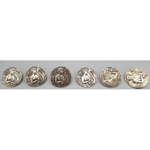 1040 - Set of six Art Noveau silver buttons with classical female design, by Reynolds & Westwood, Birmingha... 