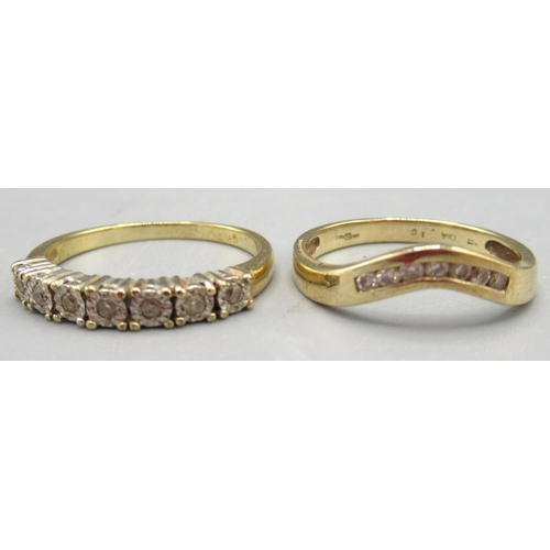 1281 - 9ct yellow gold ring set with row of brilliant cut diamonds, stamped 375, K1/2, and another similar,... 