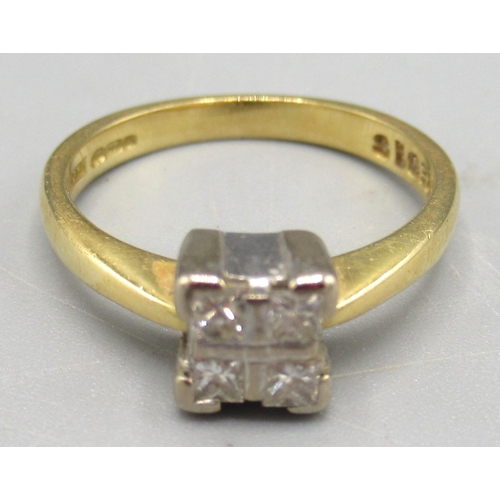 1283 - 18ct gold diamond ring set with four diamonds in square setting, stamped 750, size J, 3.4g