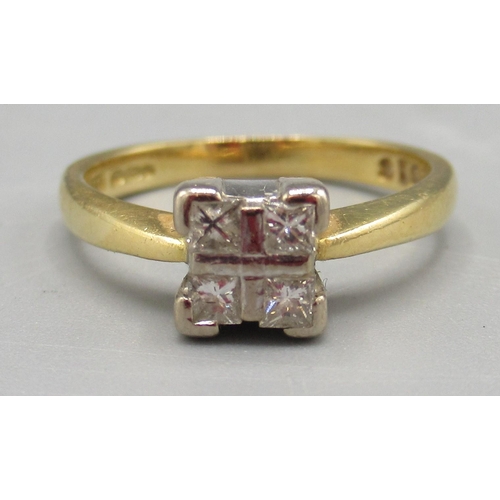 1283 - 18ct gold diamond ring set with four diamonds in square setting, stamped 750, size J, 3.4g