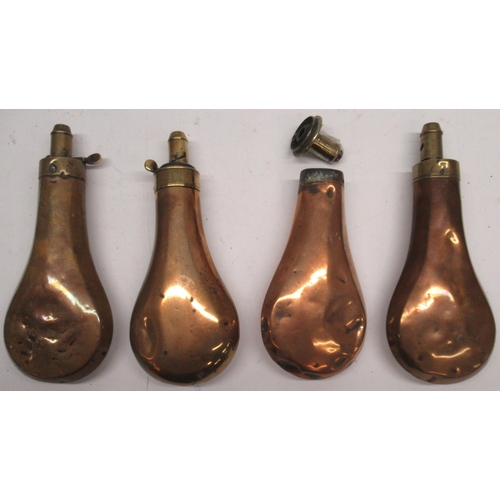 1117 - Two G. & J.W. Hawksley copper and brass powder flasks, 19.5cm and two similar