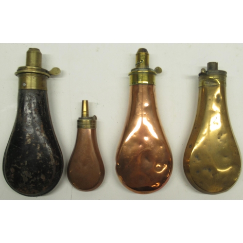 1118 - Sykes Patent brass and japanned steel powder flask, two other Sykes Patent powder flasks and one sma... 