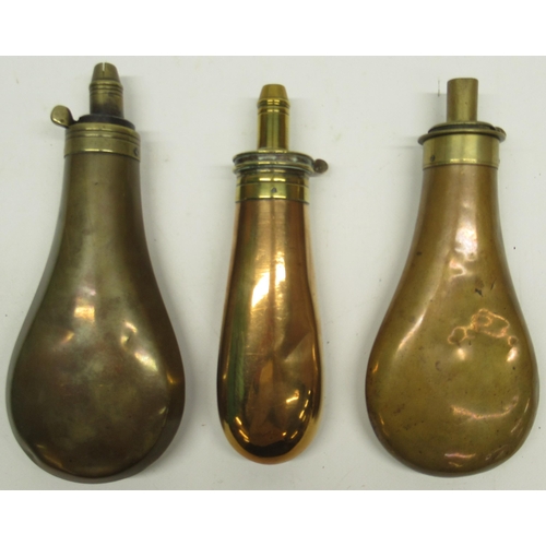 1119 - James Dixon & Sons Sheffield Improved Patent copper and brass powder flask, 17.5cm and two other Jam... 