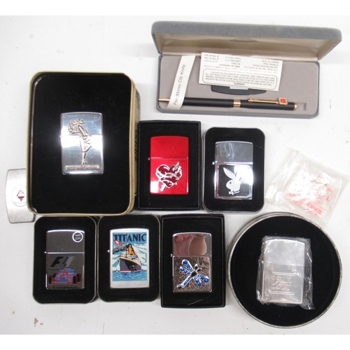 1501 - Collection of Zippo and other lighters, incl. Zippo '1935 Varga Girl' with tin, F1, Playboy, Titanit... 