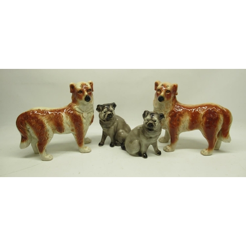 1293 - Pair of Bo'ness pottery style models of standing dogs decorated in red and white, and a pair of simi... 