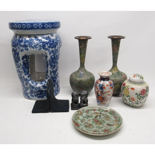 1299 - Collection of Asian items, incl. a late 20th century blue and white Chinese stool, two large cloison... 