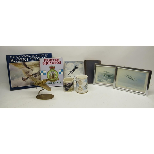 1570 - Various RAF collectables, incl. a brass model of a Spitfire on oval base; books incl. Brickhill, Pau... 