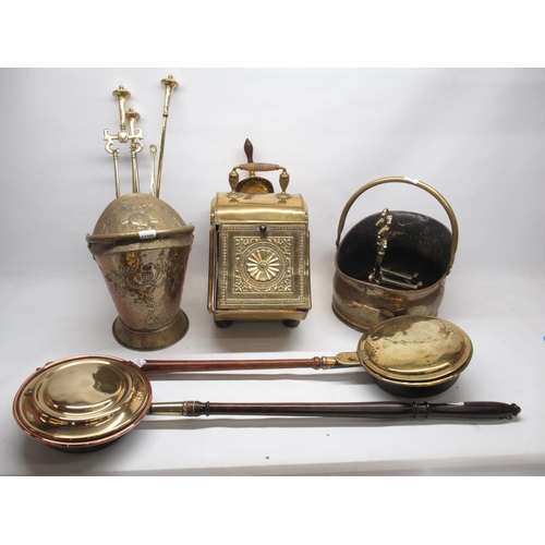 1196 - Various fireside brassware, incl. three coal caddies, fire tools, pair of fire dogs, and two bedwarm... 