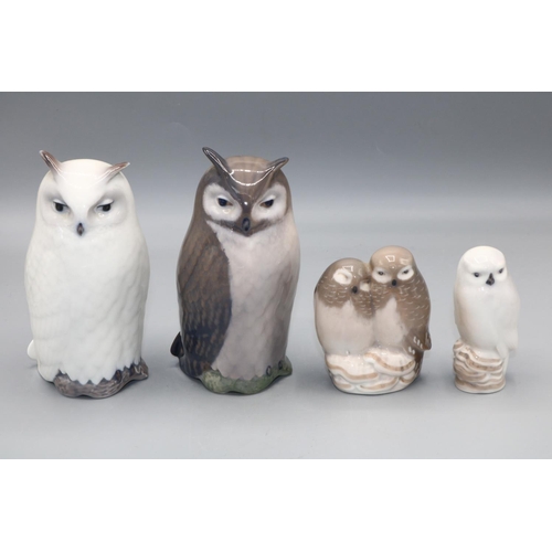 1506 - Collection of Royal Copenhagen figures of owls, numbered 155, 2999, 834, 1741, max. H41cm (4)