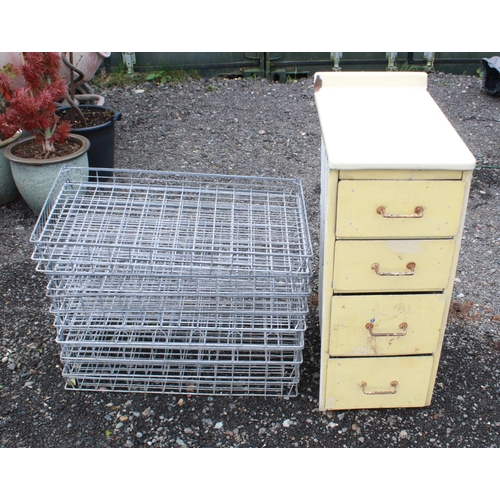 1583 - Set of nine wire planting trays, four drawer metal tool chest with enamel top