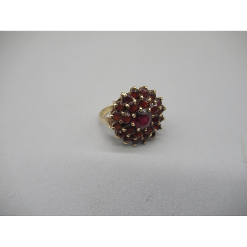 1012 - 9ct yellow gold cluster ring set with dark red stones, stamped 375, size K, 4.1g