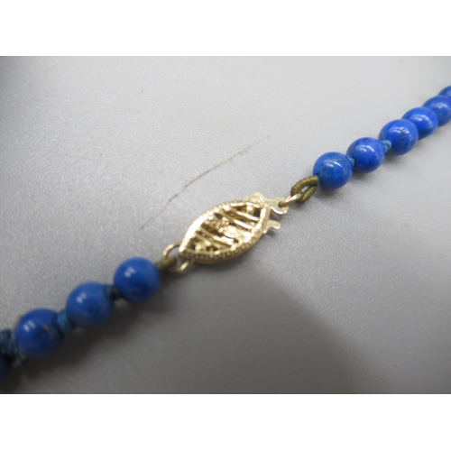 1014 - Lapis lazuli and pearl beaded necklace with 14ct yellow gold clasp, stamped 14k, L41cm, a pair of 9c... 