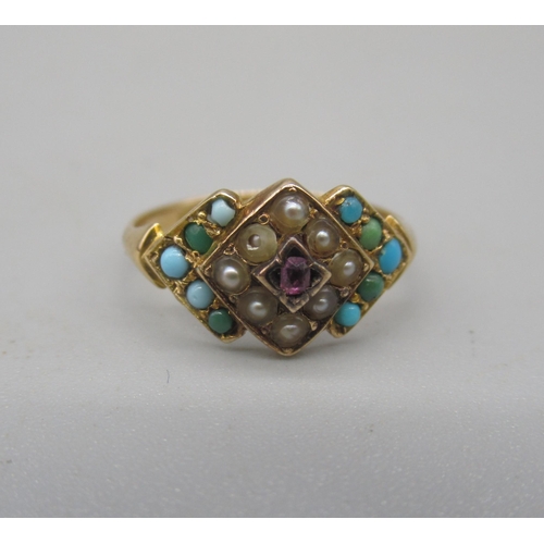 1017 - Victorian 15ct yellow gold turquoise and seed pearl ring set with central ruby, stamped 15, 2.0g