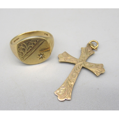 1330 - 9ct gold signet ring set sing half engraved design and single diamond, and a 9ct gold cross pendant ... 