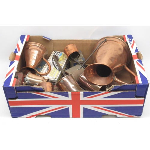 1160 - 19th century copper flagon, H24cm; smaller flagon, H15cm; other copper measures and tins ??retake im... 