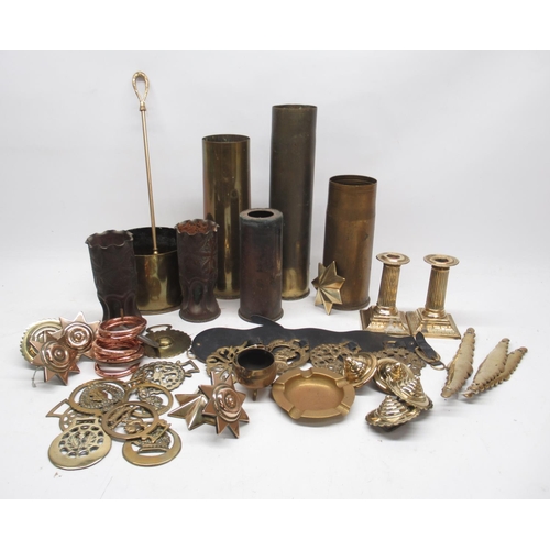 1161 - Pair of WWII trench art brass shell cases, 17cm; other shell cases; horse brasses and other decorati... 