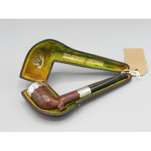 1302 - Cased 19th century smoking pipe by Ben Wade, silver mounts, Chester, date mark rubbed, L18cm