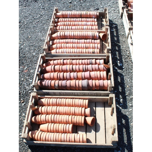 1591 - (Large quantity). Four crates of circa 1940s terracotta plant pots. Sizes 3 inch and 3 1/2 inch