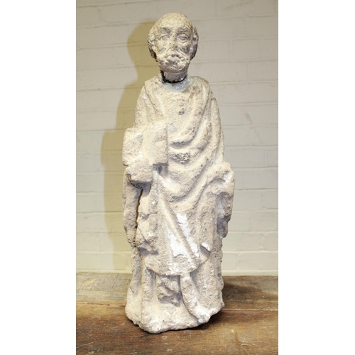 218 - Large stone sculpture of a saintly figure. Considerable age-related wear, with damage to head (Victo... 