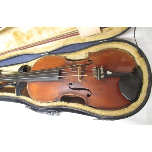 14 - Three unnamed violins, 2 with 2 bows in travel cases and another lacking bow in travel box (Victor B... 