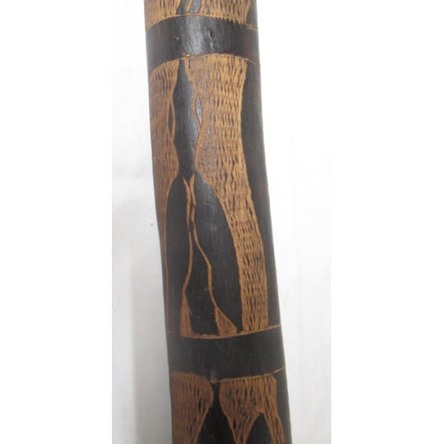 20 - Carved didgeridoo with images of Kangaroo, Snakes, etc. carved wood 4-string instrument lacking 2 st... 
