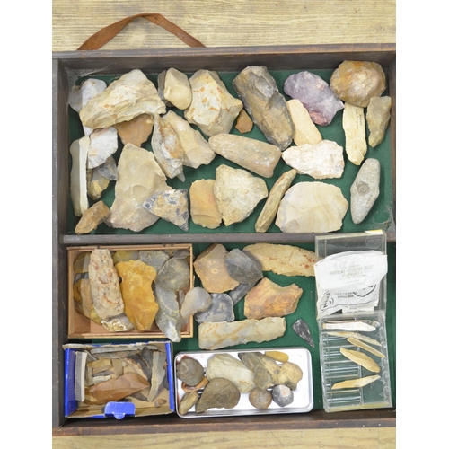 253 - Collection of flint and stone tools, axe heads, scrapers, knives etc, some with hand written find lo... 