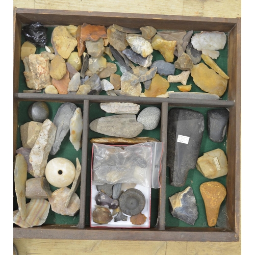 253 - Collection of flint and stone tools, axe heads, scrapers, knives etc, some with hand written find lo... 