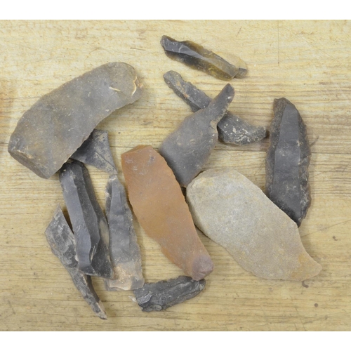 253 - Collection of flint and stone tools, axe heads, scrapers, knives etc, some with hand written find lo... 