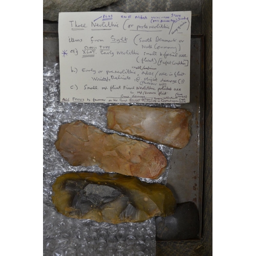 257 - Collection of ancient flint and stone tools, many with find locations attached to include neolithic ... 