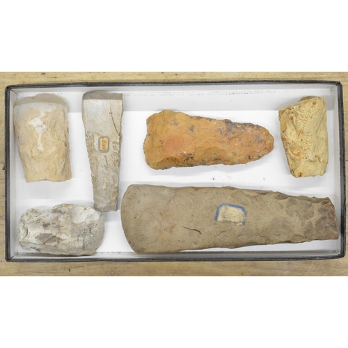 263 - Six neolithic stone and flint hand axe heads, largest L22cm (Victor Brox collection)