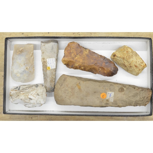 263 - Six neolithic stone and flint hand axe heads, largest L22cm (Victor Brox collection)