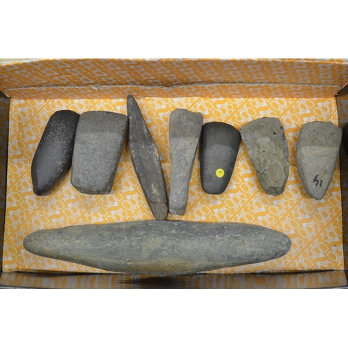 264 - Eight neolithic stone hand axe heads, largest L24.5cm (Victor Brox collection) (1 head with certific... 