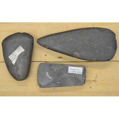 265 - Three neolithic stone and flint hand axe heads, largest L17cm (Victor Brox collection)