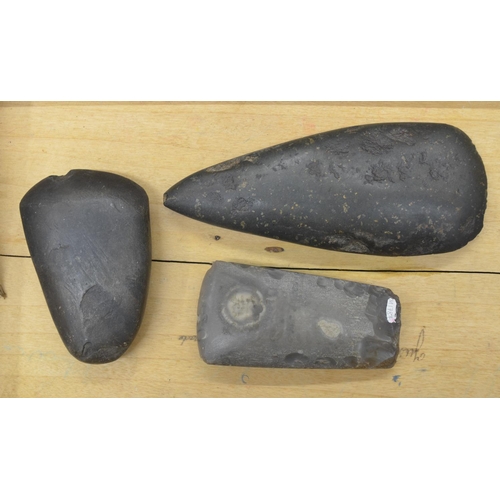 265 - Three neolithic stone and flint hand axe heads, largest L17cm (Victor Brox collection)