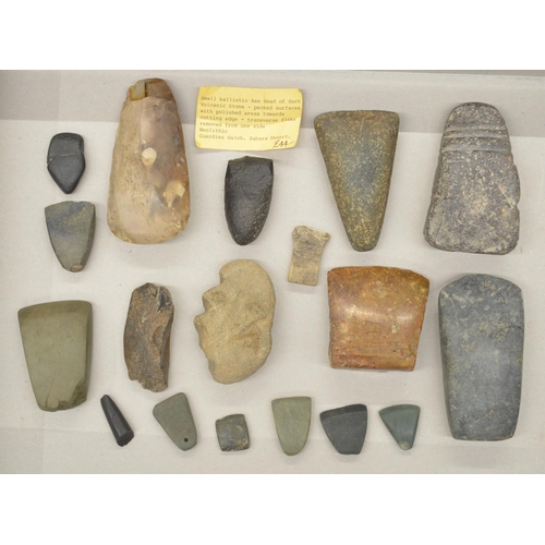 268 - Collection of neolithic stone and flint axe heads and other hand tools, largest L11.5cm (Victor Brox... 